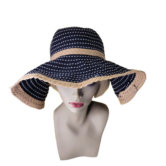 BIG Brim Black White Natural Straw colored Raffia Edged Floppy Hat - Picture 2 of 10